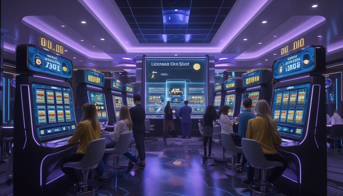 Orang-orang sedang bermain mesin slot 3D modern di lingkungan kasino digital dengan pencahayaan biru dan ungu.