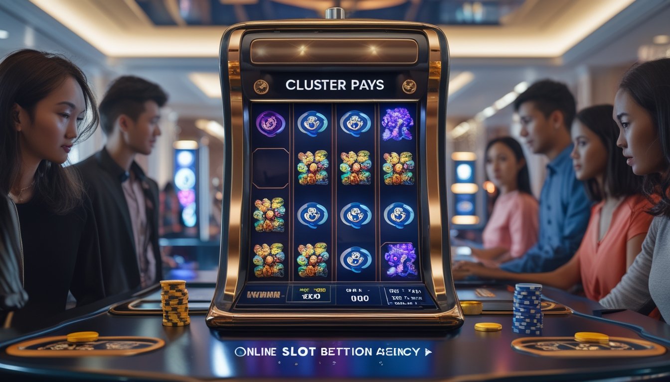 Beberapa orang bermain mesin slot 3D dengan simbol warna-warni di kasino yang terang dan modern.