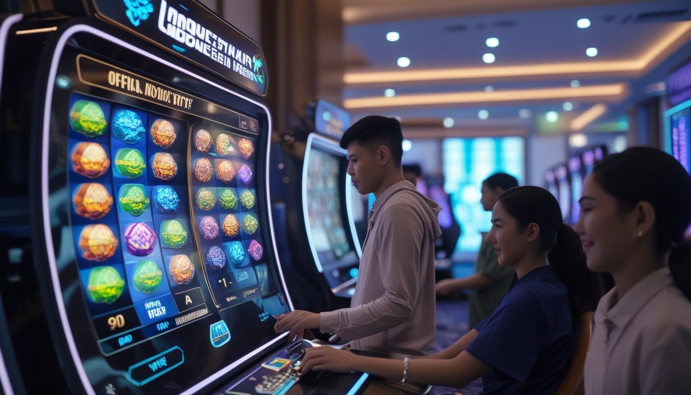Orang-orang bermain mesin slot 3D di ruang permainan modern dengan simbol warna-warni dan latar belakang dekorasi bergaya Indonesia.