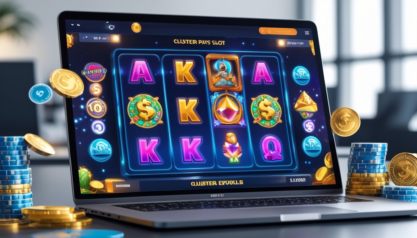 Seorang pengguna sedang bermain slot online dengan tampilan permainan 3D berwarna-warni di layar komputer di sebuah ruangan modern.