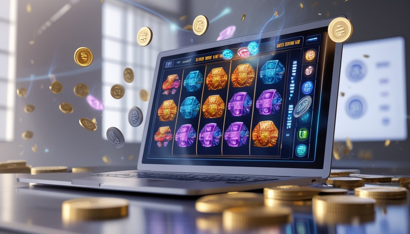 Sebuah komputer menampilkan permainan mesin slot dengan simbol warna-warni yang terhubung, dikelilingi oleh koin digital dan latar belakang ruang kerja modern.