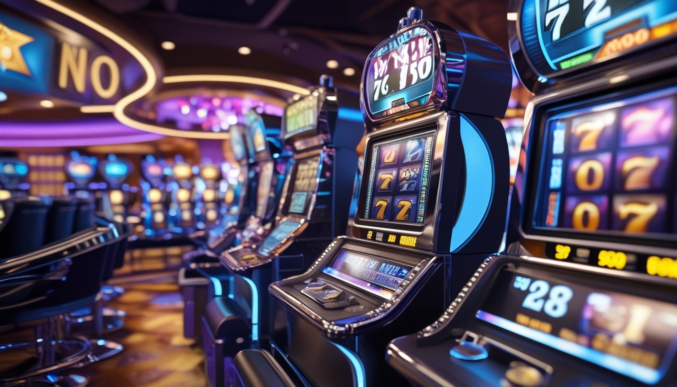 Suasana kasino modern dengan mesin slot 3D berwarna-warni dan tampilan jackpot besar.