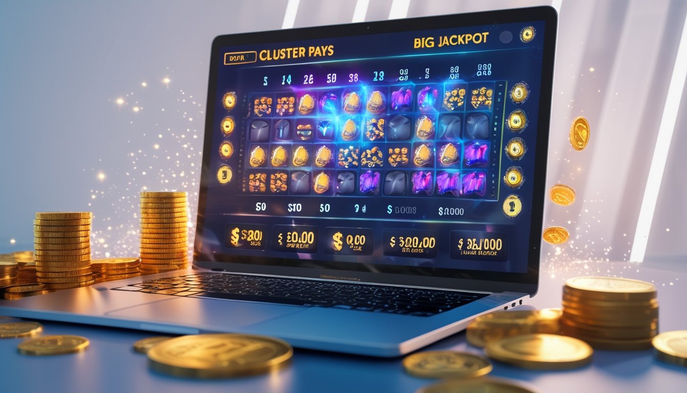 Layar komputer menampilkan permainan slot 3D dengan simbol berwarna cerah dan elemen jackpot di sekitar layar.