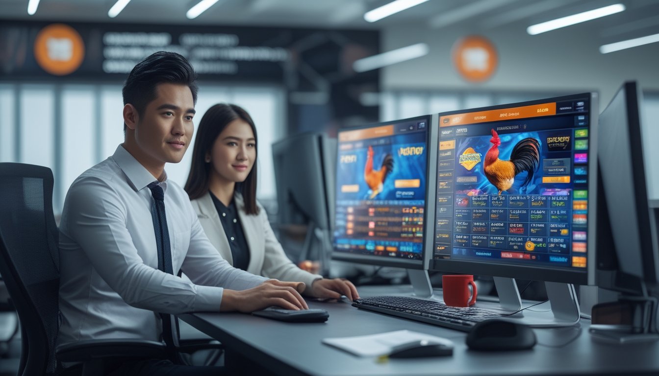 Seorang pria dan wanita Asia Tenggara duduk di depan komputer dengan tampilan situs taruhan online sabung ayam, di sebuah kantor modern yang terang dan rapi.