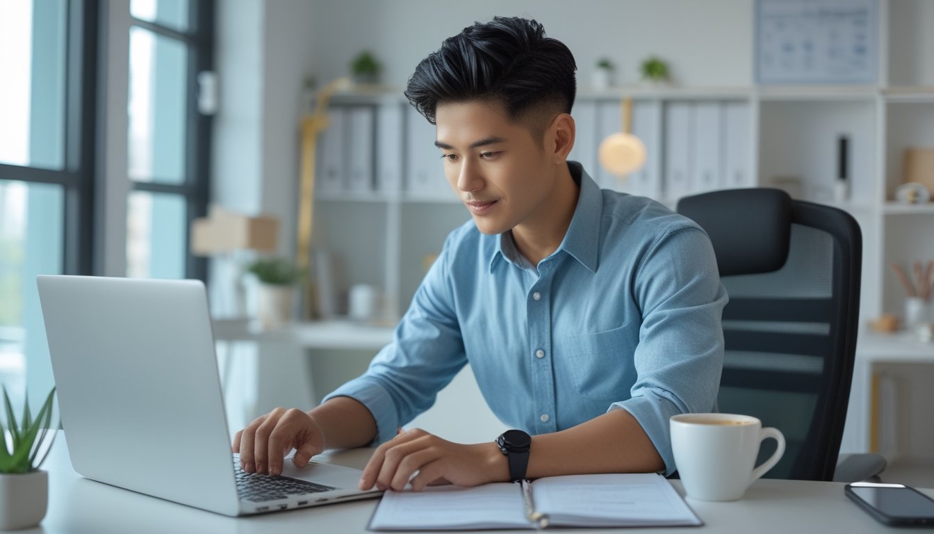 Seorang pria muda sedang mendaftar secara online menggunakan laptop di kantor yang terang dan rapi.