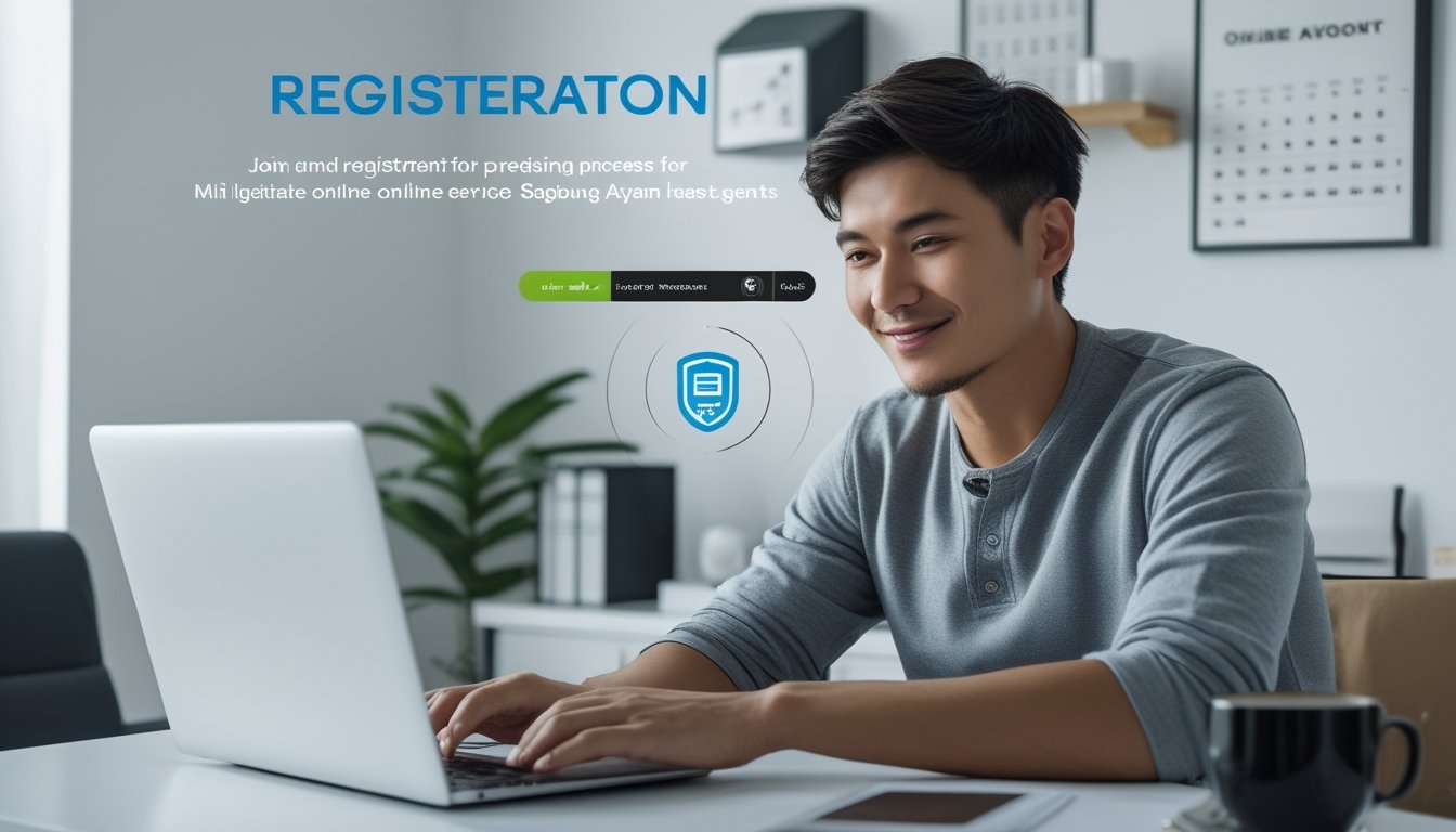 Seorang pria muda sedang mendaftar secara online menggunakan laptop di ruang kerja rumah yang terang dan rapi.