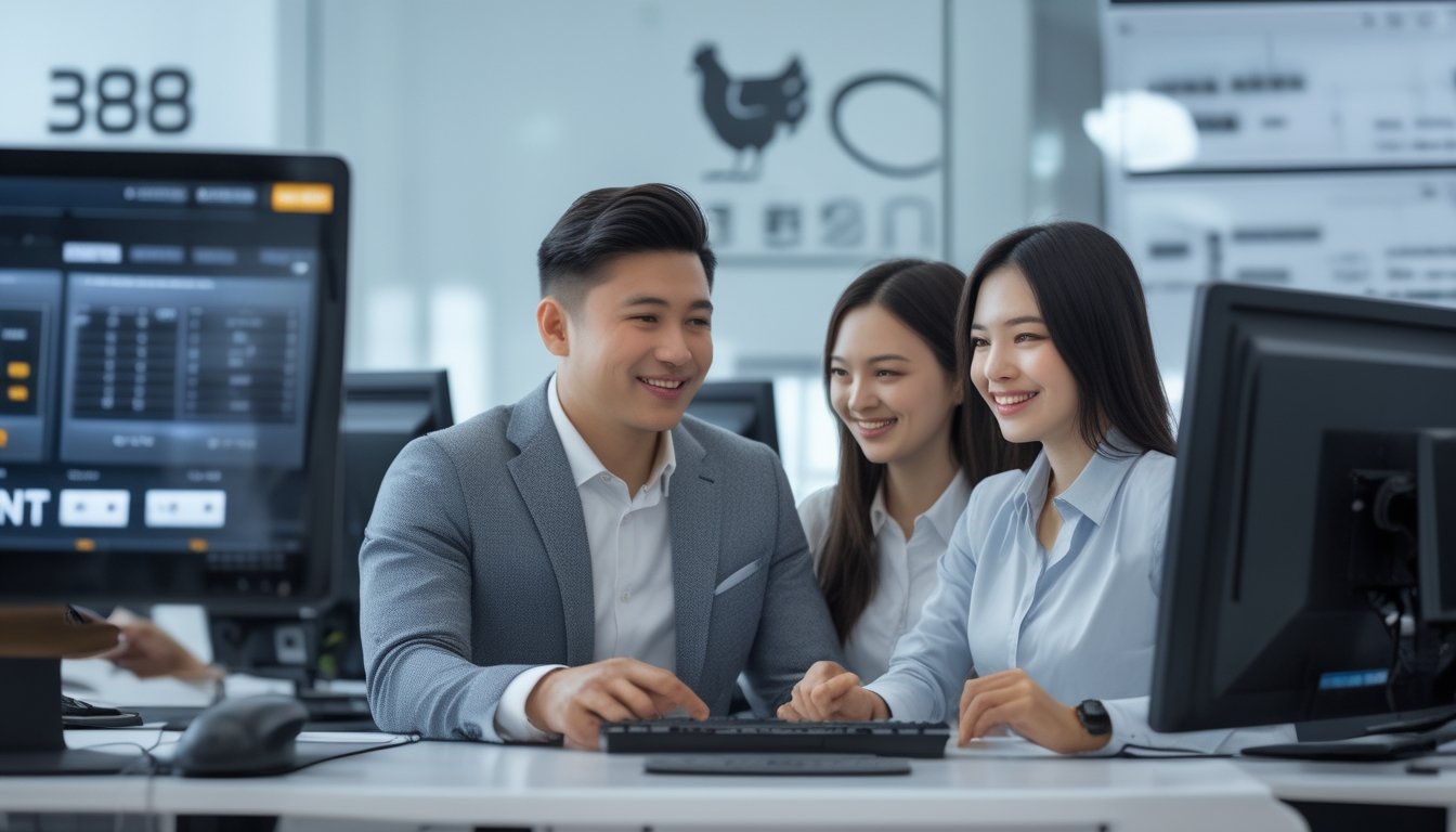 Seorang agen layanan pelanggan membantu pemain pemula dengan platform taruhan sabung ayam di kantor modern.