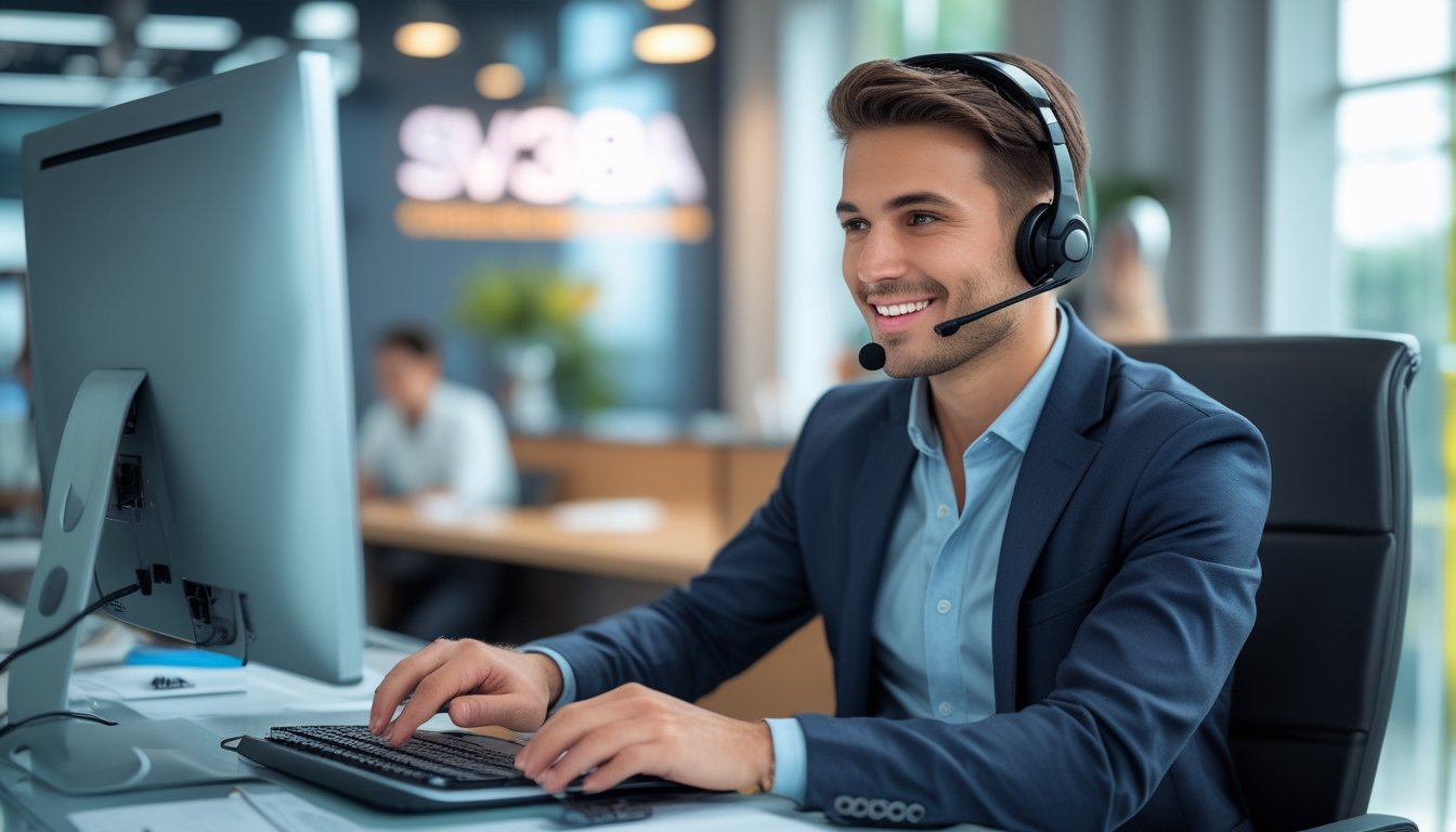 Seorang agen layanan pelanggan yang percaya diri sedang bekerja di kantor modern dengan headset dan komputer.