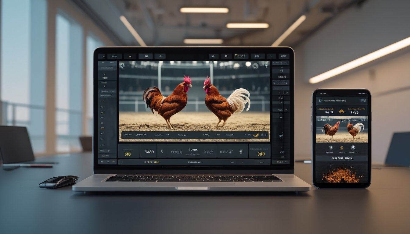 Tampilan antarmuka digital modern yang menampilkan siaran langsung pertandingan sabung ayam dengan dua ayam bertarung di arena.