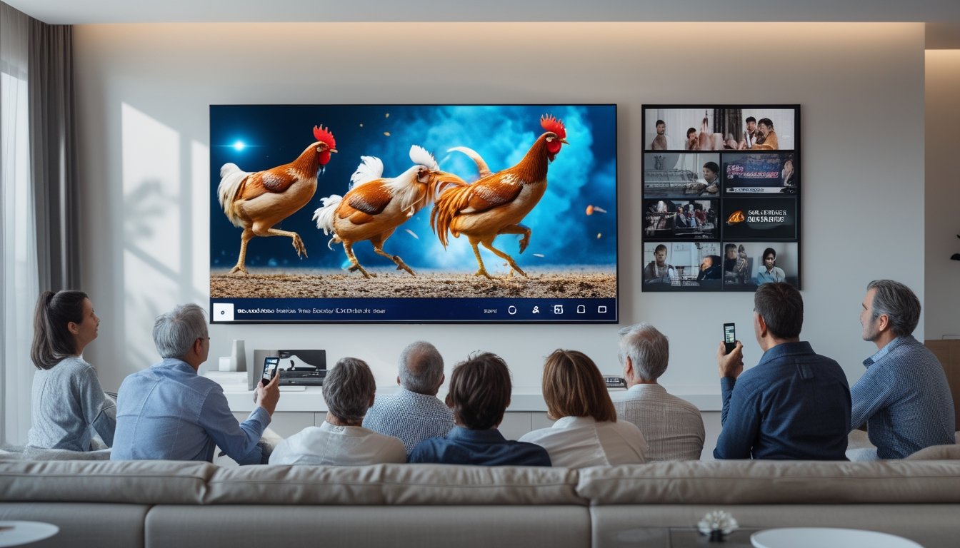 Orang-orang menonton pertandingan sabung ayam secara langsung di ruang tamu dengan layar televisi besar.