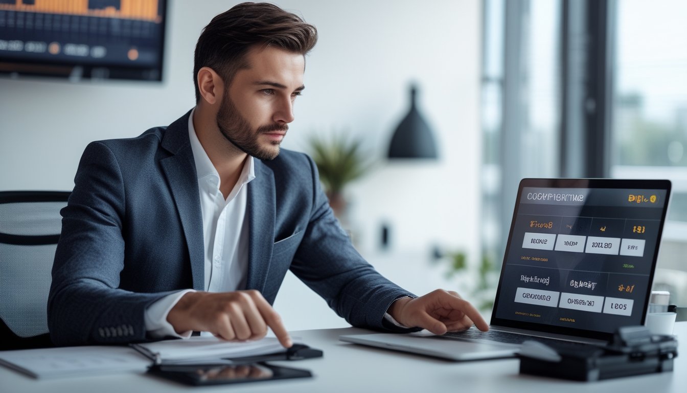 Seorang pria duduk di meja dengan laptop dan smartphone, fokus menganalisis data taruhan dalam suasana kantor modern.