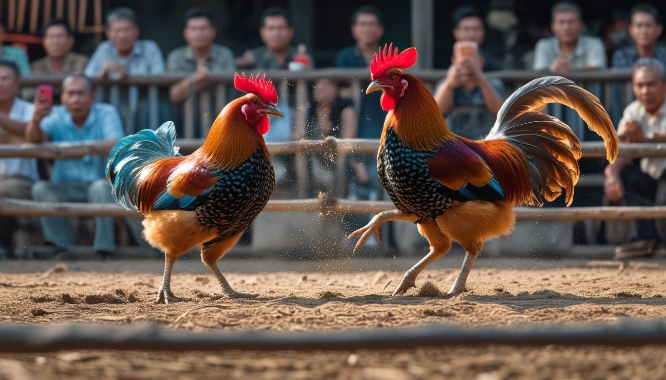 Dua ayam jago sedang bertarung di arena sabung ayam dengan penonton yang memperhatikan dengan serius di sekelilingnya.