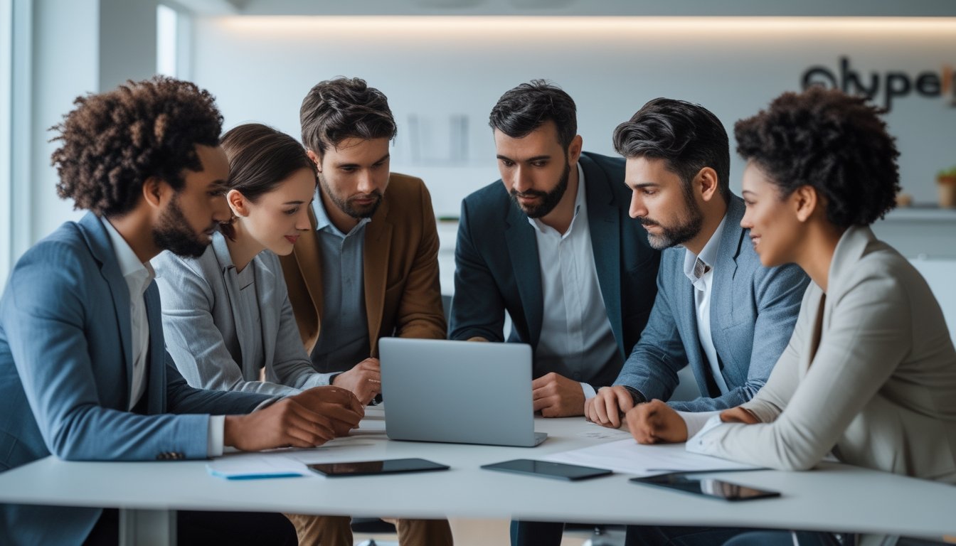 Sekelompok orang sedang berdiskusi serius di kantor modern dengan laptop dan dokumen di atas meja.