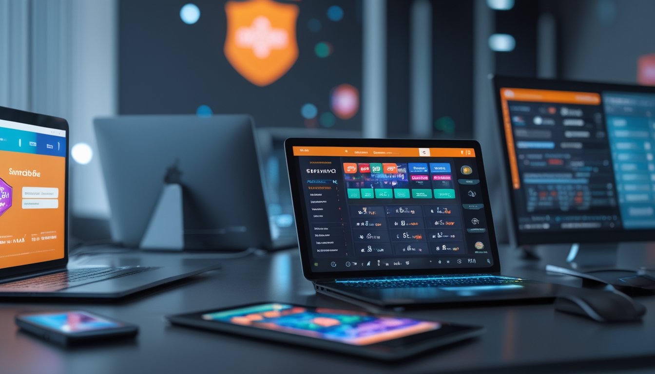 Sebuah ruang kerja modern dengan beberapa perangkat digital yang menampilkan aplikasi taruhan online, menunjukkan suasana profesional dan terpercaya.