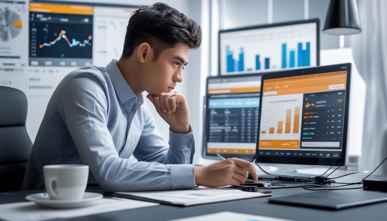 Seorang pria muda duduk di meja kerja modern dengan laptop dan ponsel, fokus menganalisis data dan catatan di lingkungan kantor yang terang dan rapi.