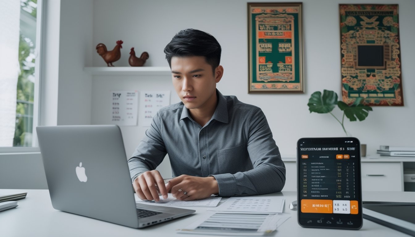 Seorang pria muda sedang duduk di meja kerja dengan laptop dan catatan, fokus menganalisis strategi taruhan sabung ayam di ruang kerja yang terang dan rapi.