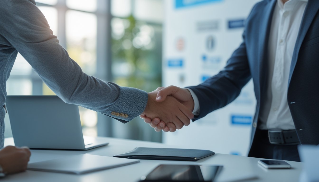 Dua orang berjabat tangan di kantor modern, menunjukkan kerja sama dan kepercayaan antara agen dan klien.