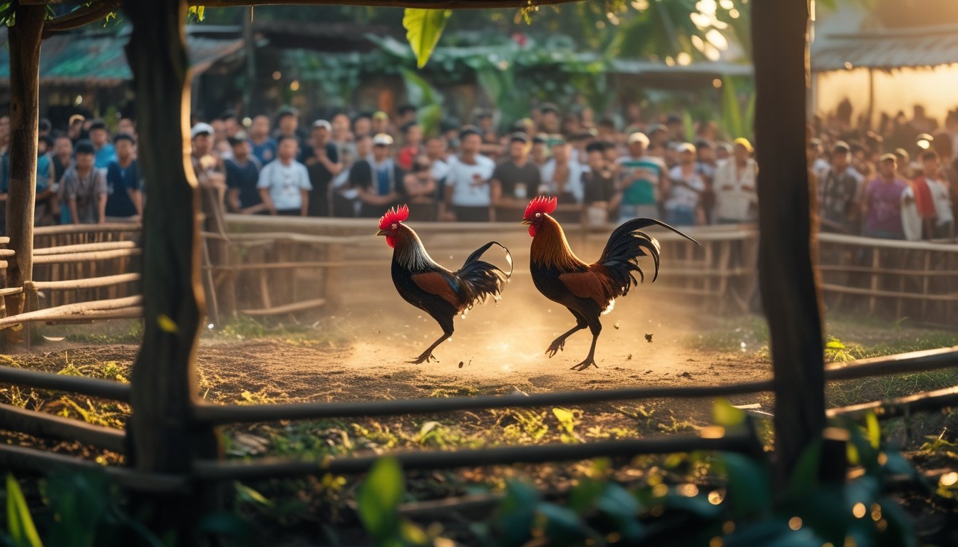 Dua ayam aduan sedang bertarung di arena kayu dengan penonton di latar belakang yang menyaksikan acara tersebut.