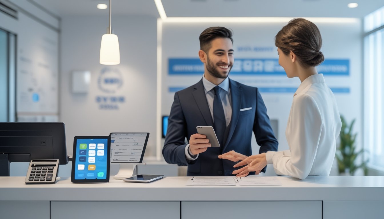 Seorang pelanggan sedang berinteraksi dengan agen di sebuah kantor modern untuk melakukan transaksi deposit dan withdraw.