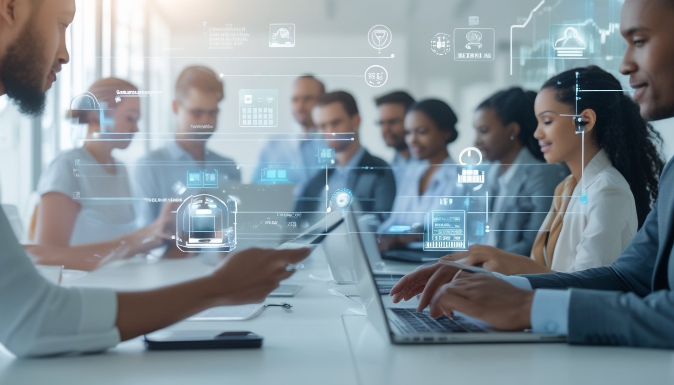 Beberapa orang menggunakan perangkat digital di kantor modern untuk melakukan transaksi keuangan secara online dengan suasana yang terang dan profesional.