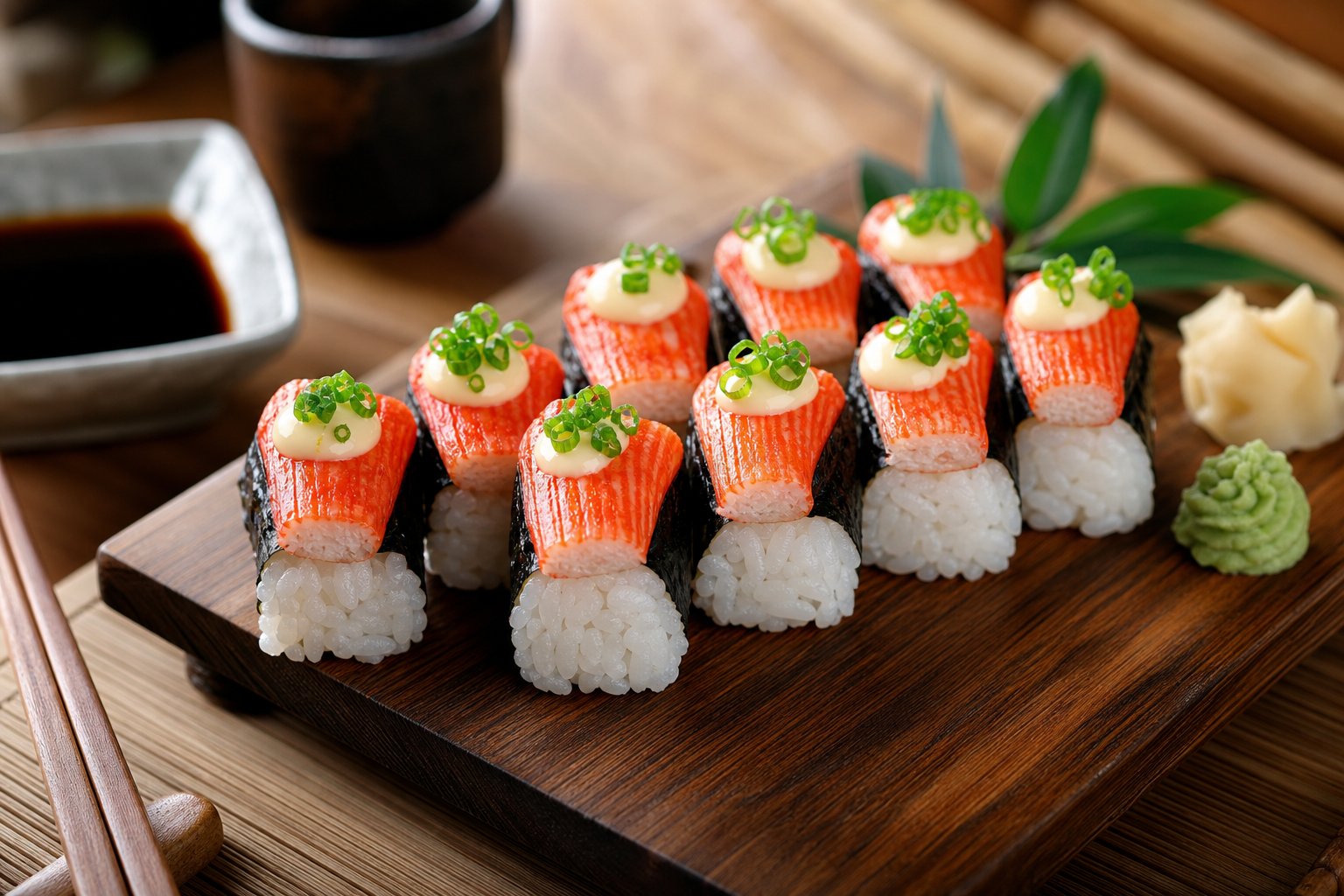 Plate of kani sushi featuring crab sticks wrapped in rice and seaweed, served with chopsticks and soy sauce on a wooden board.
