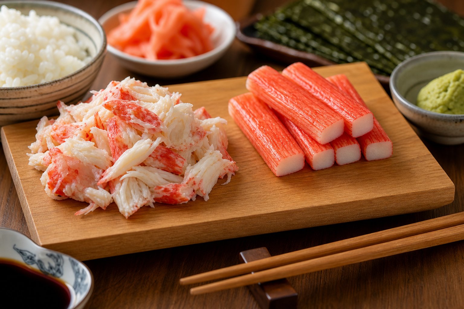 Close-up view of real crab meat and imitation crab sticks on a sushi board surrounded by sushi ingredients and chopsticks.