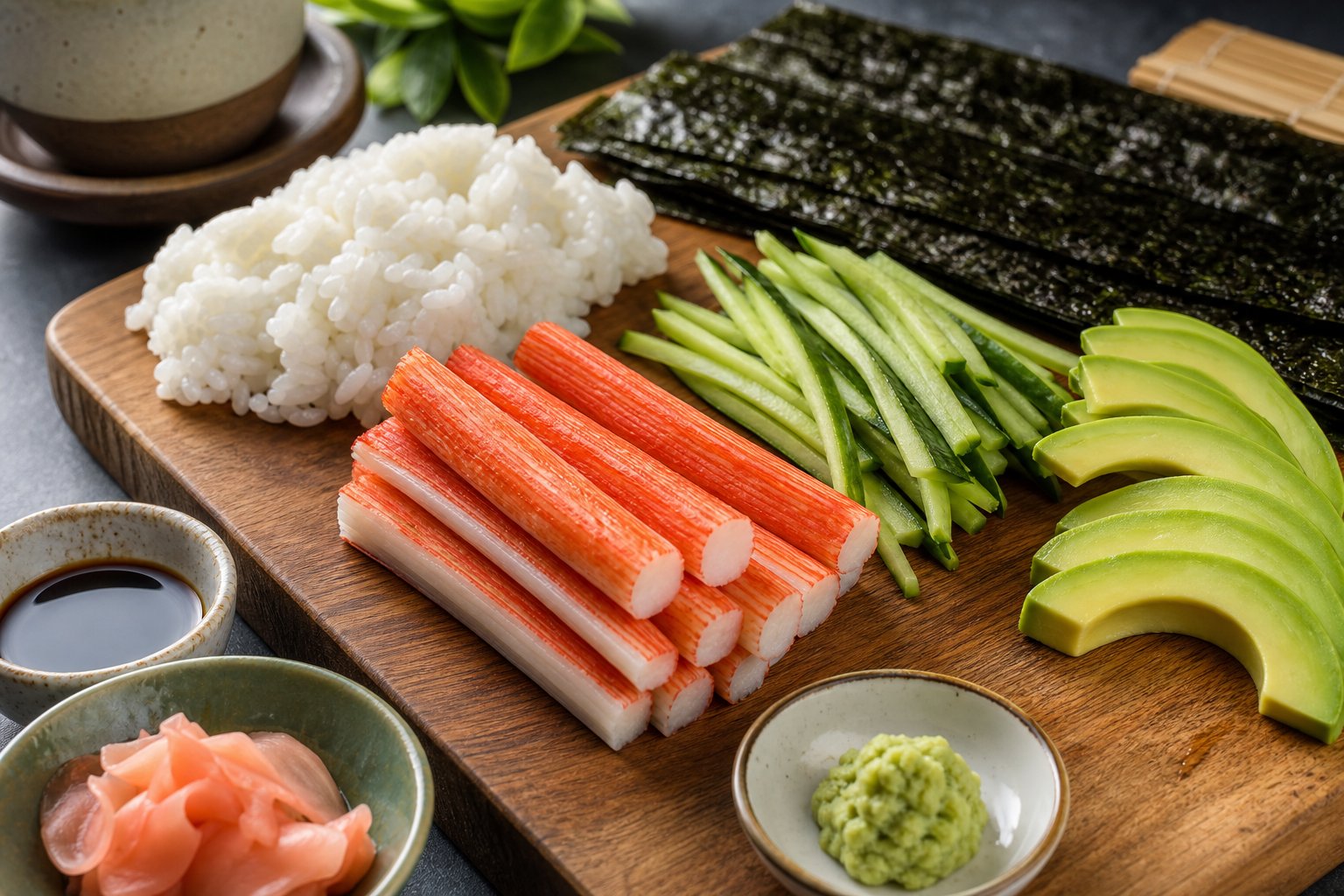 A close-up of fresh crab sticks, sushi rice, cucumber, avocado, and nori seaweed arranged on a wooden board with small bowls of soy sauce, pickled ginger, and wasabi.