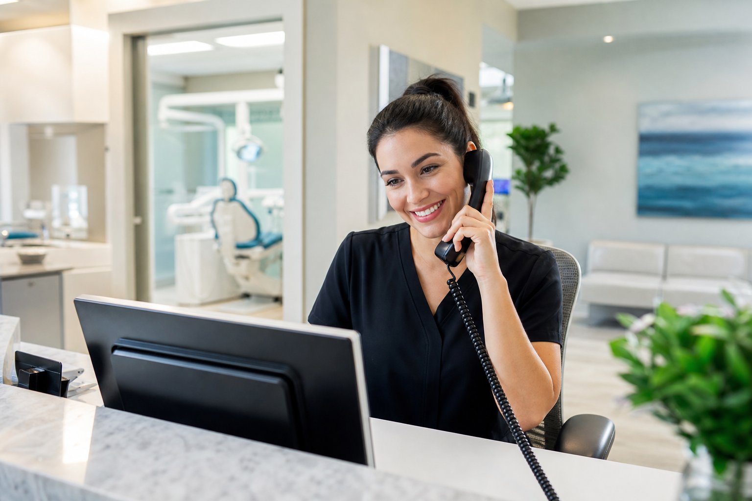A dental receptionist speaking on the phone at a clinic reception desk with dental chairs visible in the background.