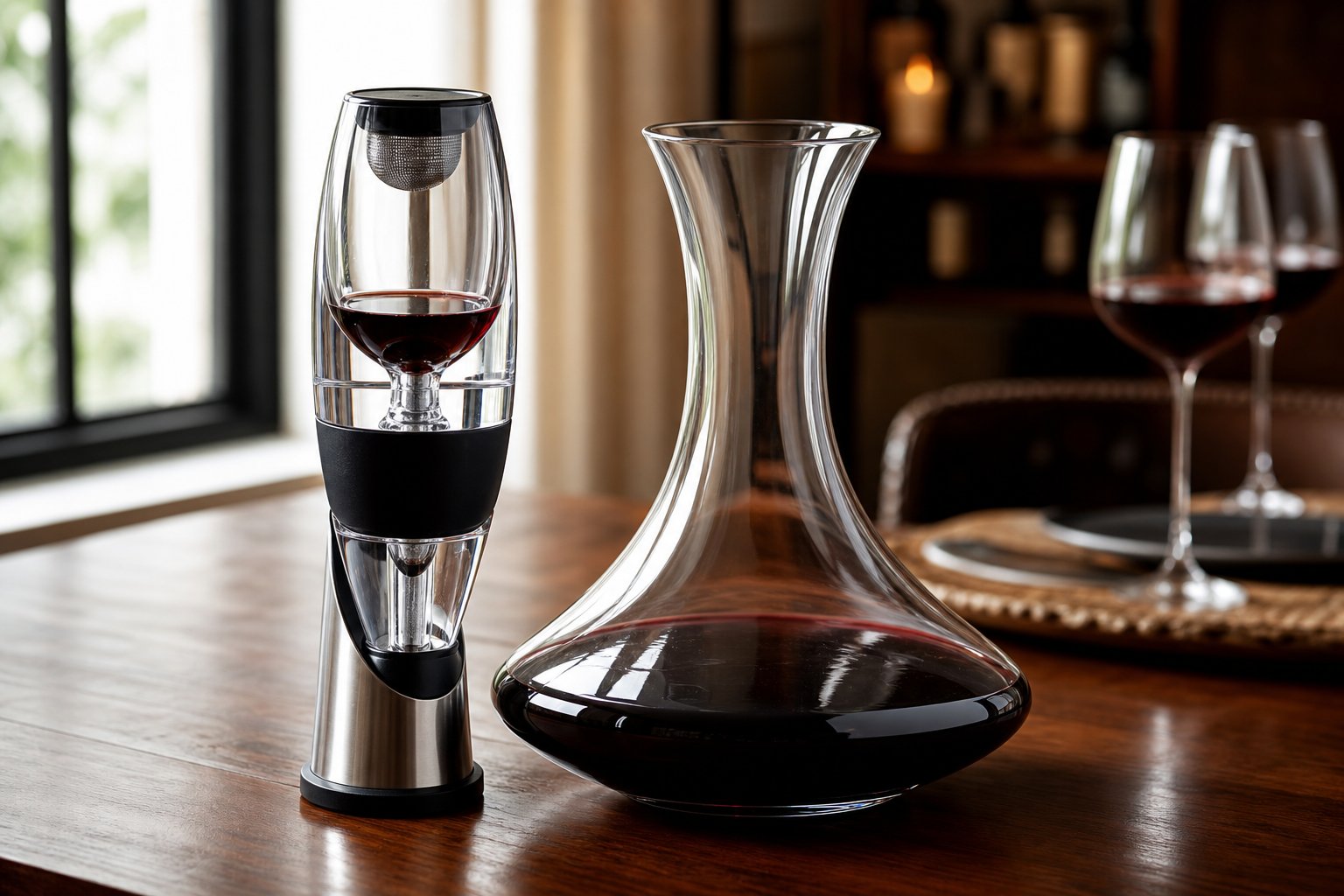 Ein moderner Weinbelüfter und eine Karaffe aus Glas auf einem Holztisch, teilweise mit Rotwein gefüllt.