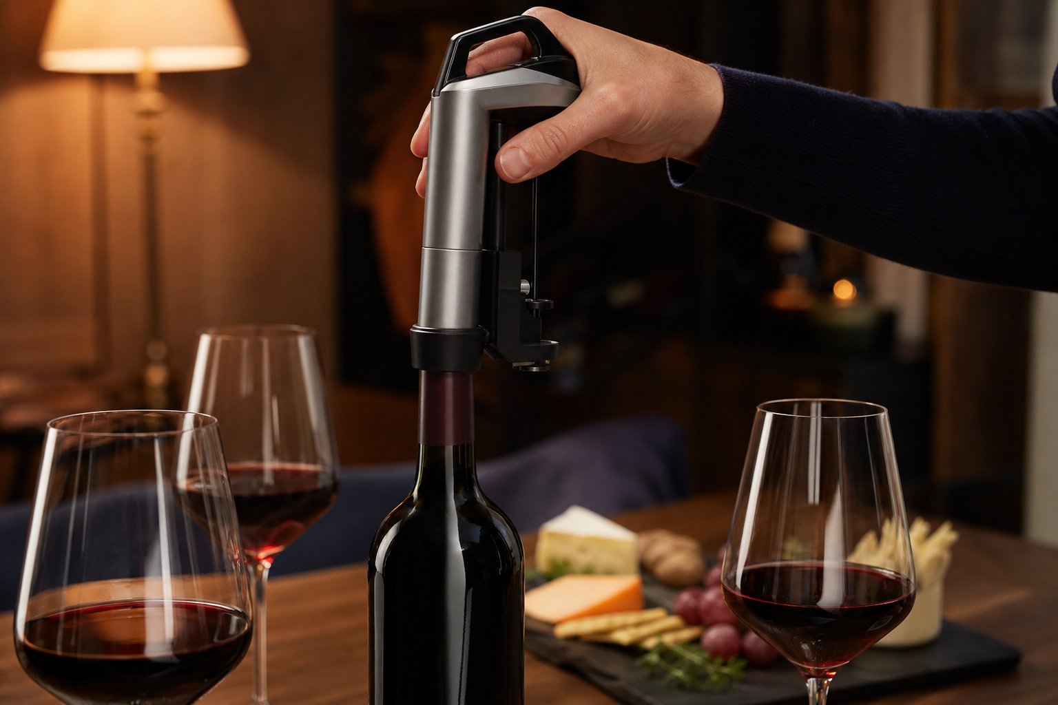 Hand, die das Coravin Model Two Wein-Schutzsystem in eine Weinflasche einführt, umgeben von Weingläsern auf einem Holztisch.
