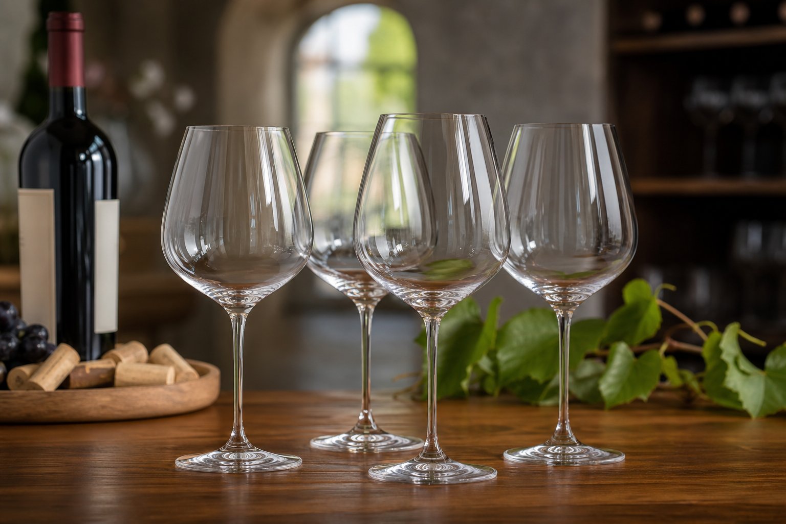 Vier elegante Bordeaux-Weingläser auf einem Holztisch mit einer Weinflasche und Weinblättern im Hintergrund.