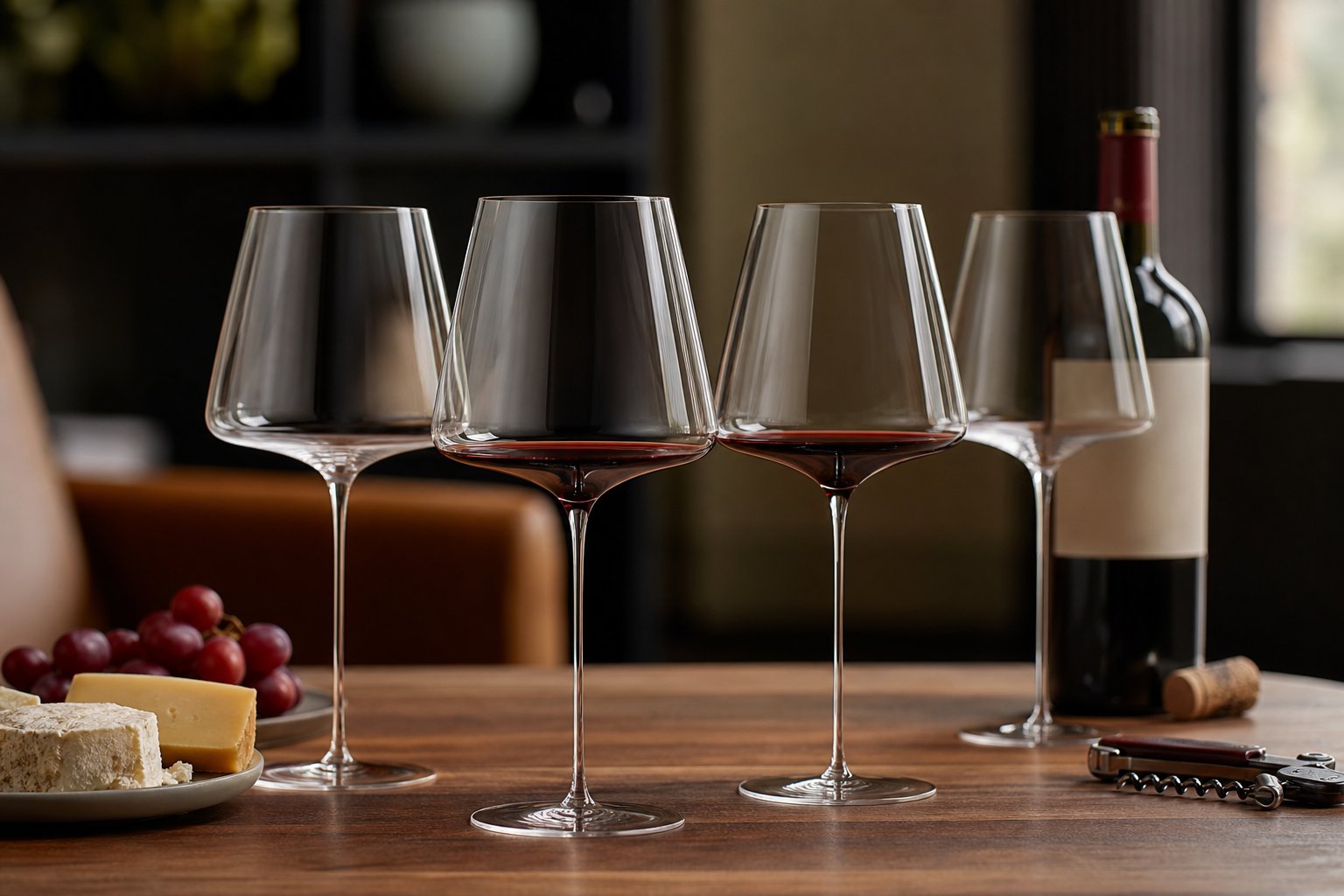 Ein Set eleganter, handgeblasener Zalto Denk'Art Universalglas Weingläser auf einem Holztisch mit Weinflasche, Korkenzieher und Käseplatte im Hintergrund.