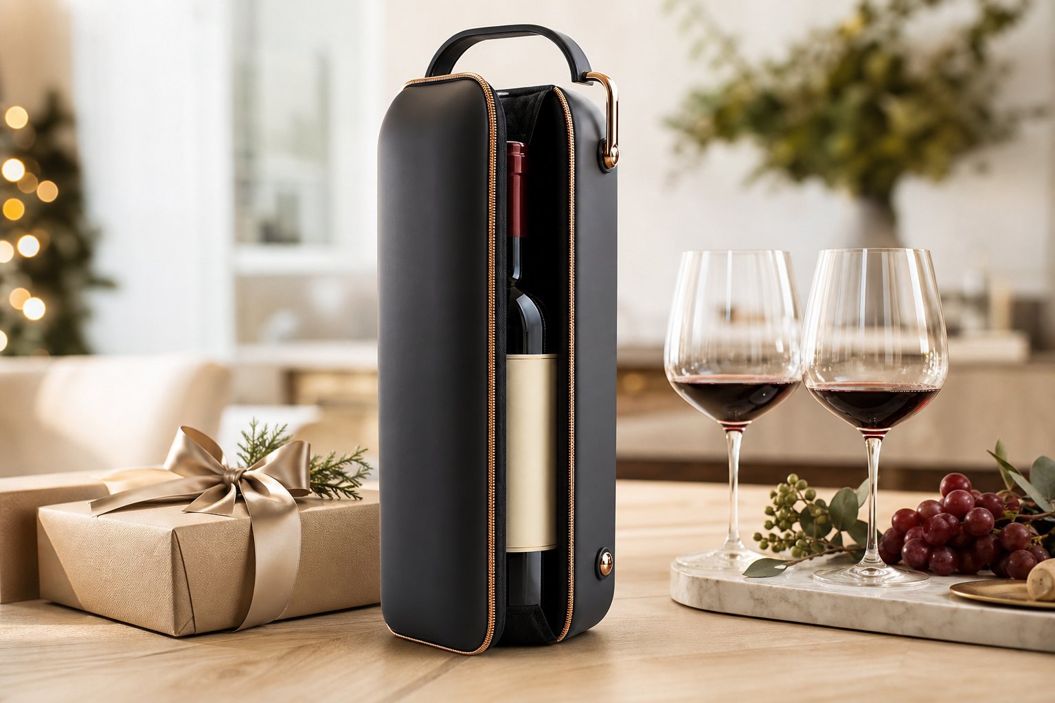 Ein doppelwandiger Wein-Isolierträger auf einem Holztisch mit einer Weinflasche und einem Geschenk im Hintergrund.
