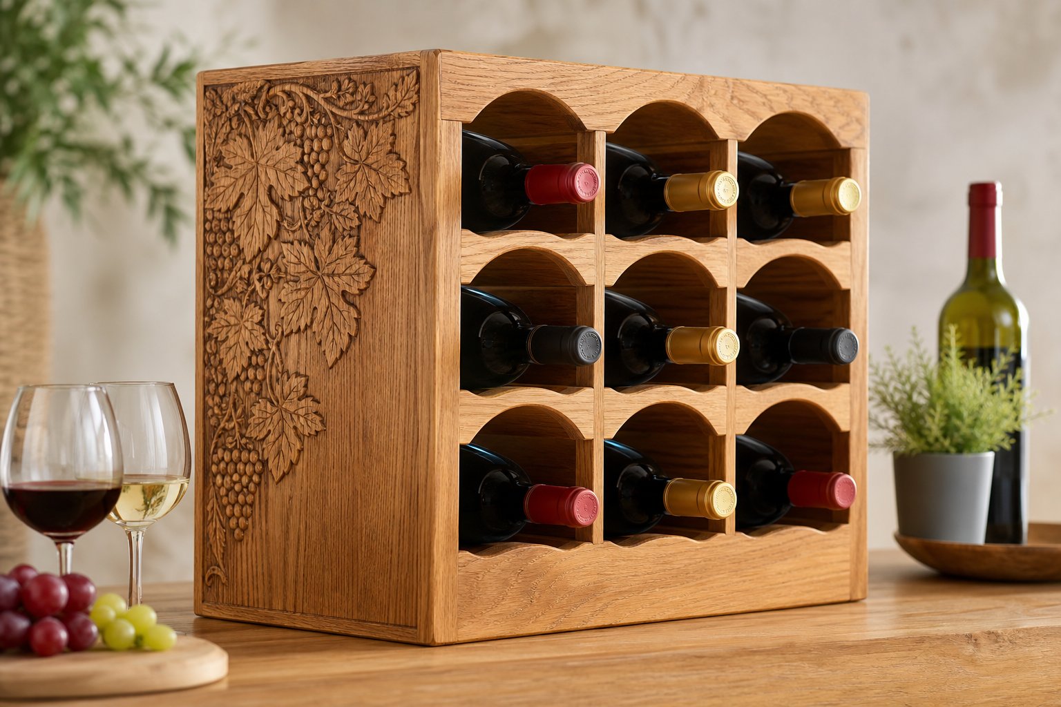 Ein personalisiertes Eichenholz-Weinregal mit mehreren Weinflaschen in einem gemütlichen Raum.