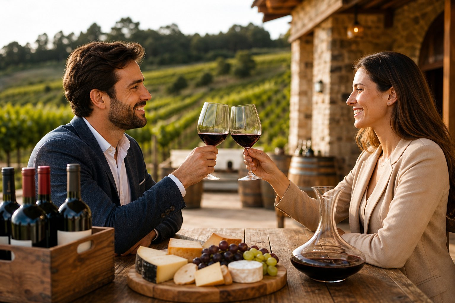 Zwei Personen bei einer Weinprobe an einem Holztisch im Freien vor Weinreben, die sich mit Weingläsern zuprosten.