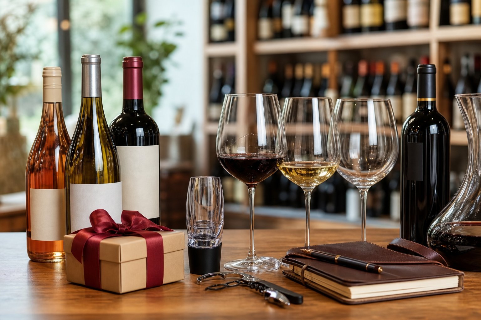 Ein Holztisch mit Weinflaschen, Weingläsern und Geschenkboxen in einem gemütlichen Raum mit Weinregalen im Hintergrund.