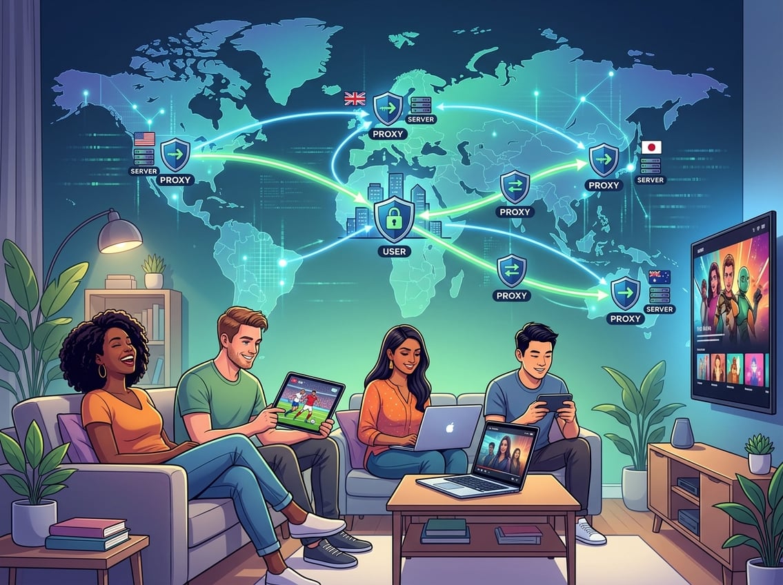 People watching streaming content on various devices with a world map and network connections illustrating global access through proxies.
