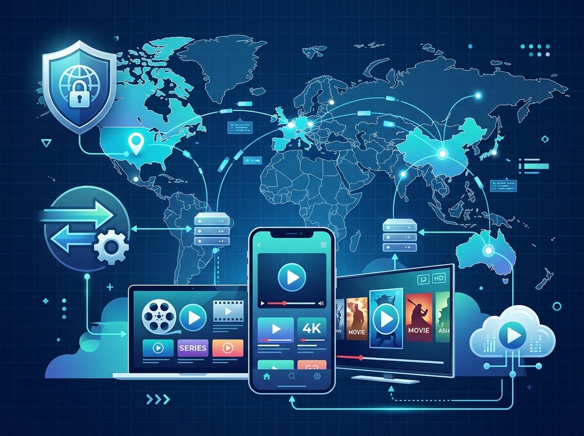 Illustration showing devices streaming content connected across a world map with symbols representing different proxy types enabling access.