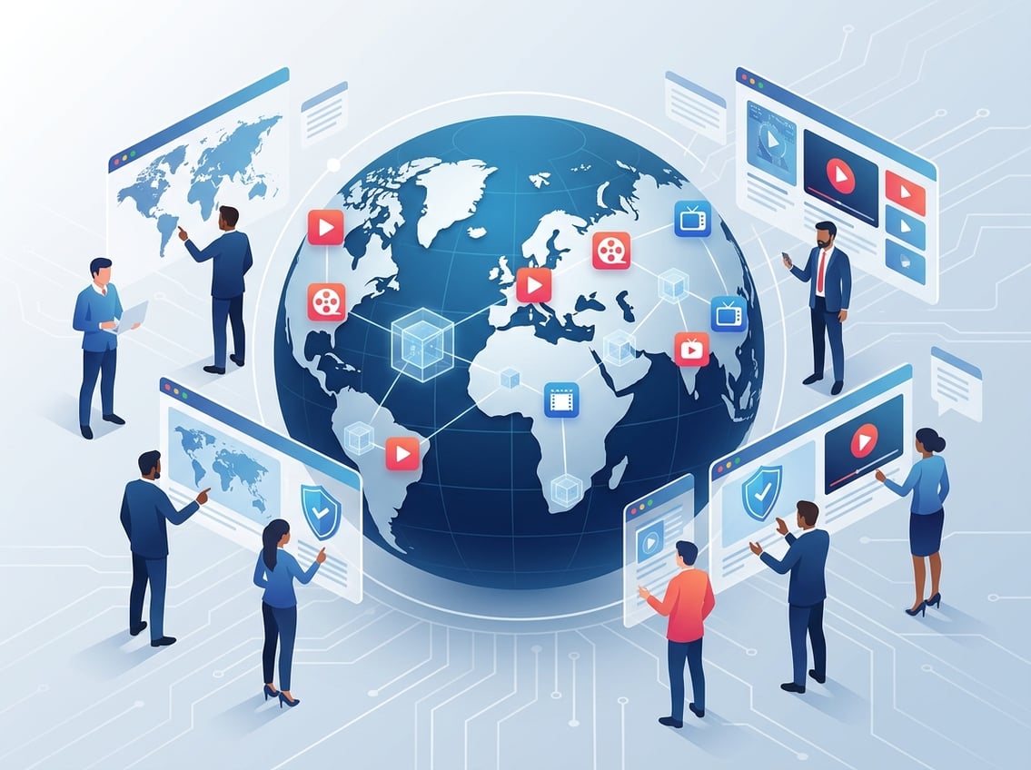 A digital globe connected by network lines and proxy nodes, with streaming icons and abstract people interacting with digital interfaces.