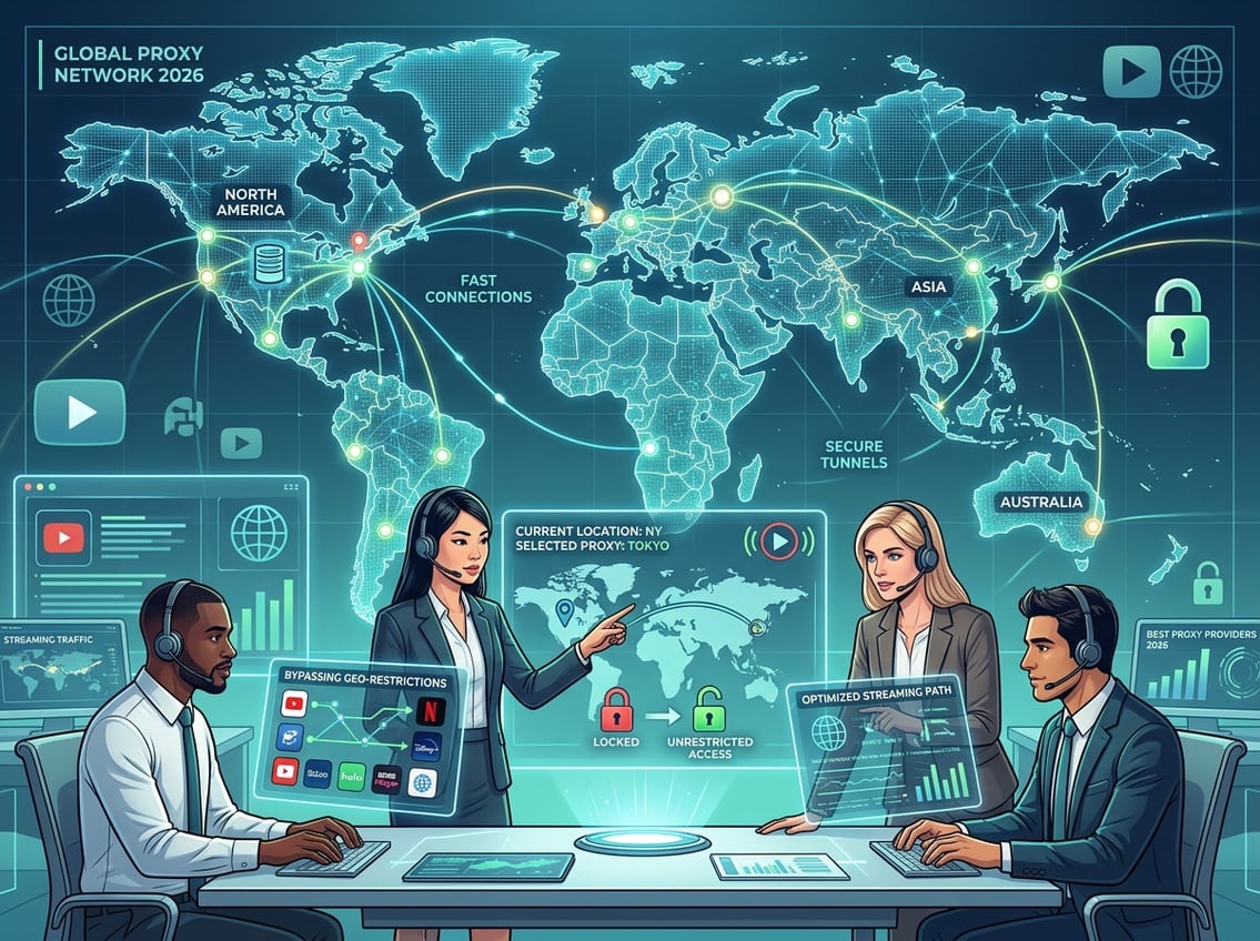 A group of people analyzing a digital world map with glowing network connections and streaming icons, symbolizing secure access to streaming services across different regions.