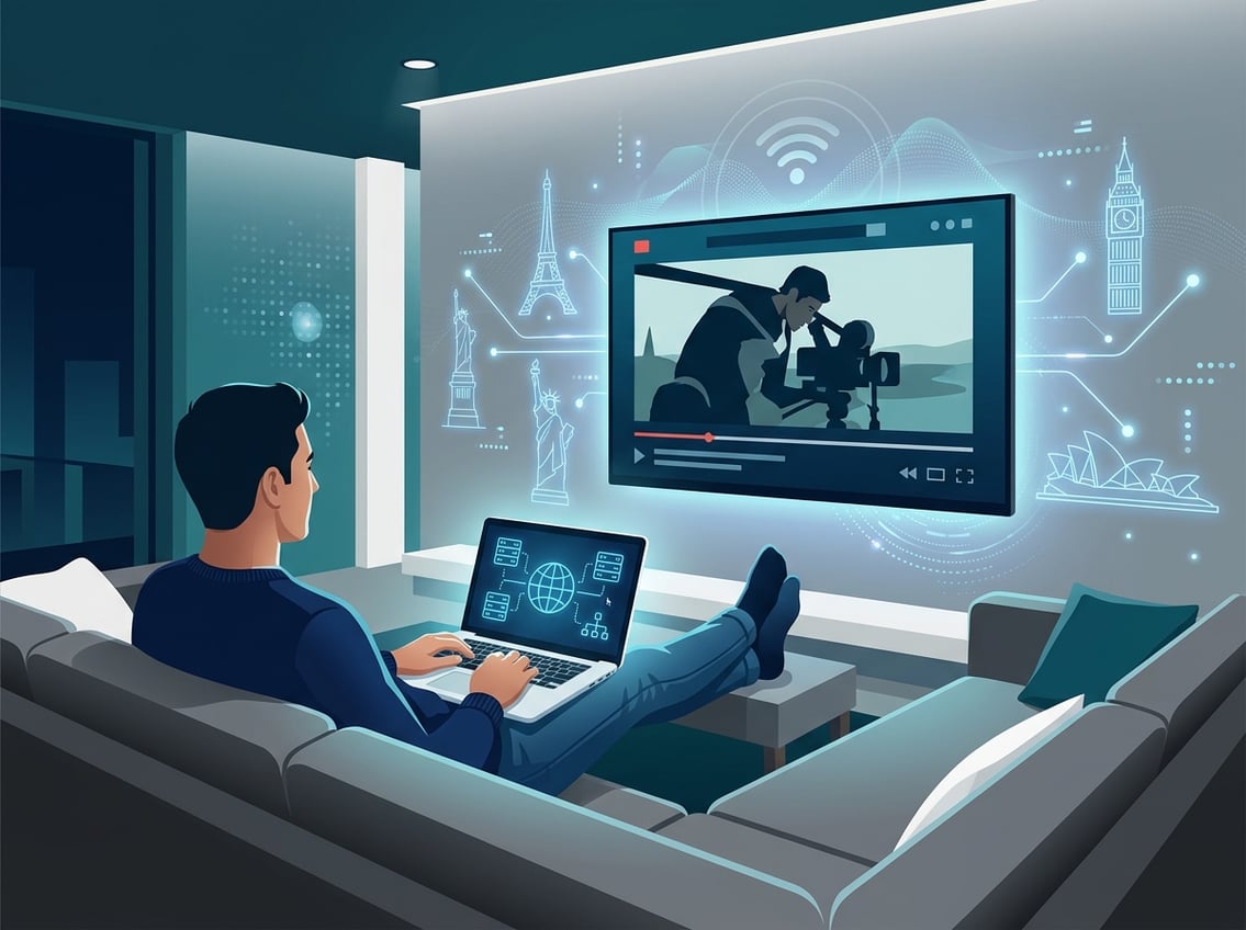 A person in a living room watching streaming content on a TV, with visual symbols of global landmarks and network connections representing access to international streaming services.