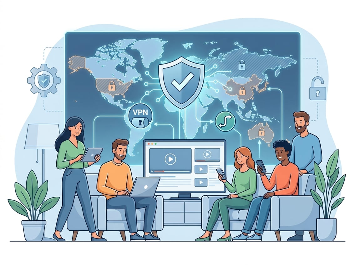 People using different devices to watch streaming content with a digital map showing restricted regions and a shield symbol representing privacy and security.