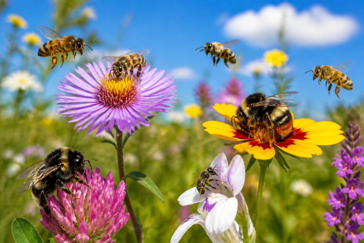 Several different species of bees pollinating colorful flowers in a sunlit meadow.