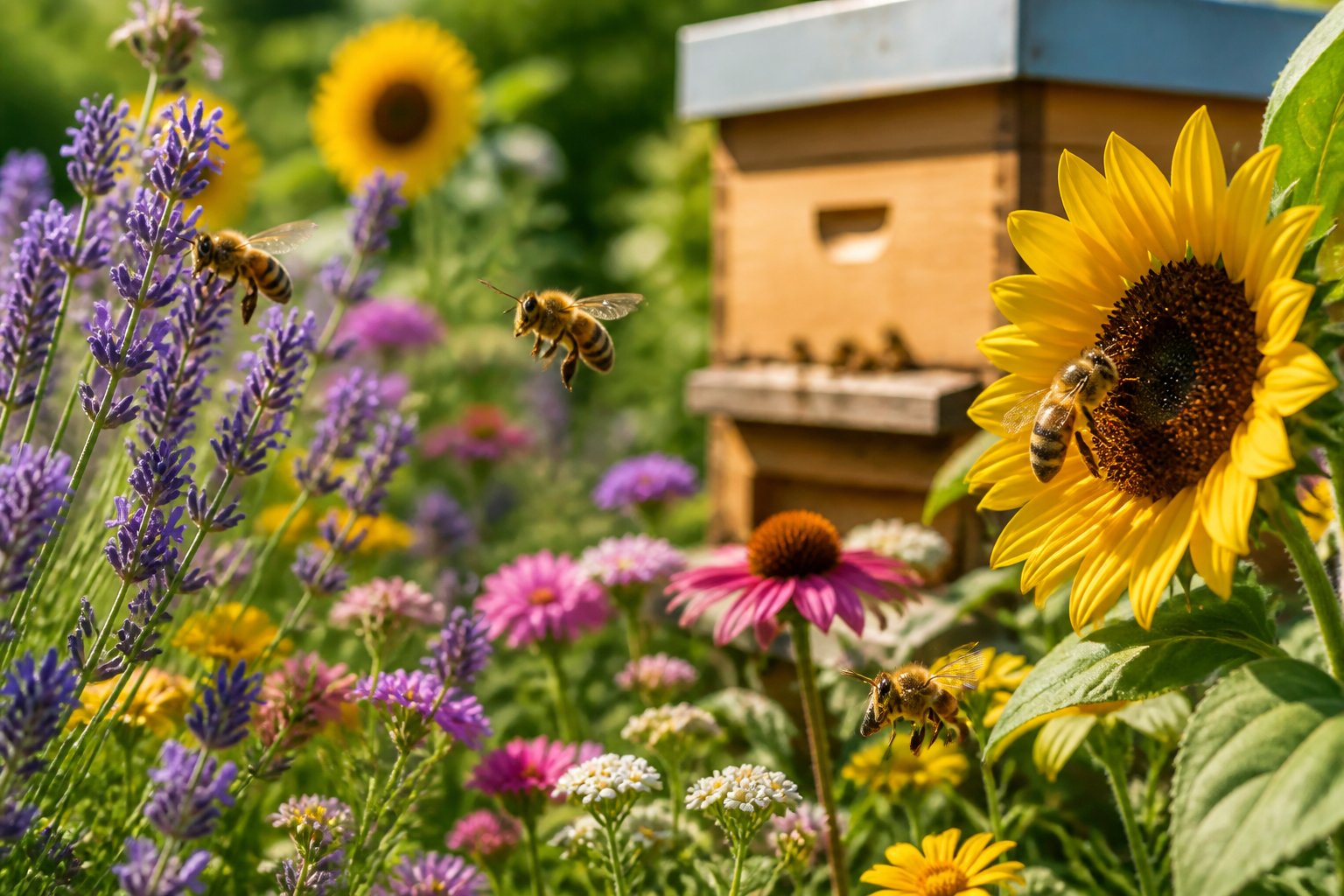 Bees pollinating colorful flowers near a wooden beehive in a lush garden.