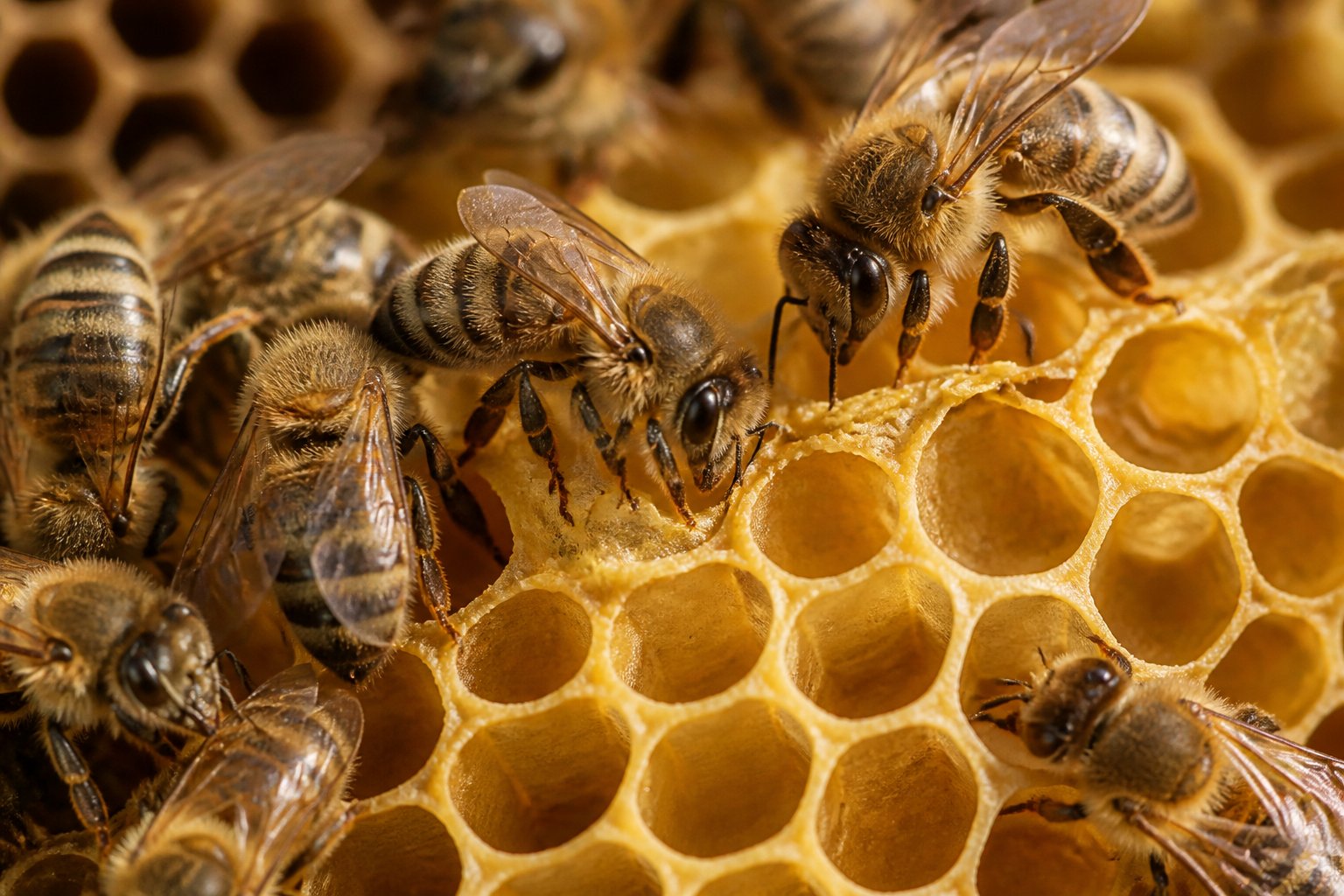 Honeybees working together inside a hive to build a honeycomb structure.