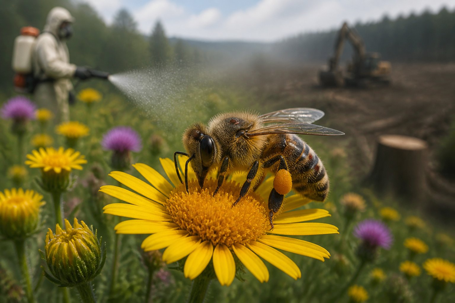 A close-up of a honeybee on a yellow flower in a meadow with faint background elements showing environmental threats to bees.