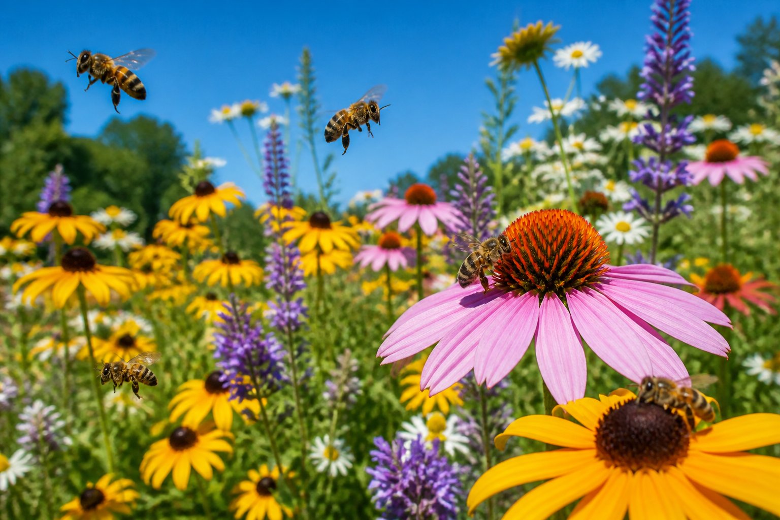 A meadow with colorful wildflowers and several honeybees pollinating them under a clear blue sky.