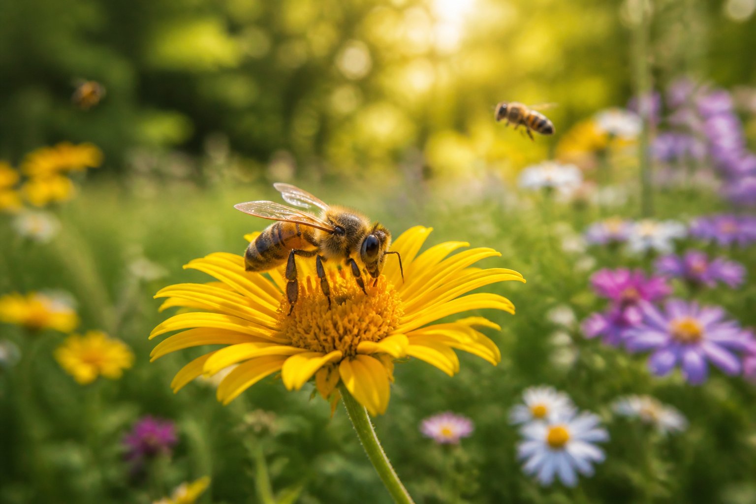 A honeybee collecting nectar from a yellow flower in a green meadow with other flowers and bees in the background.