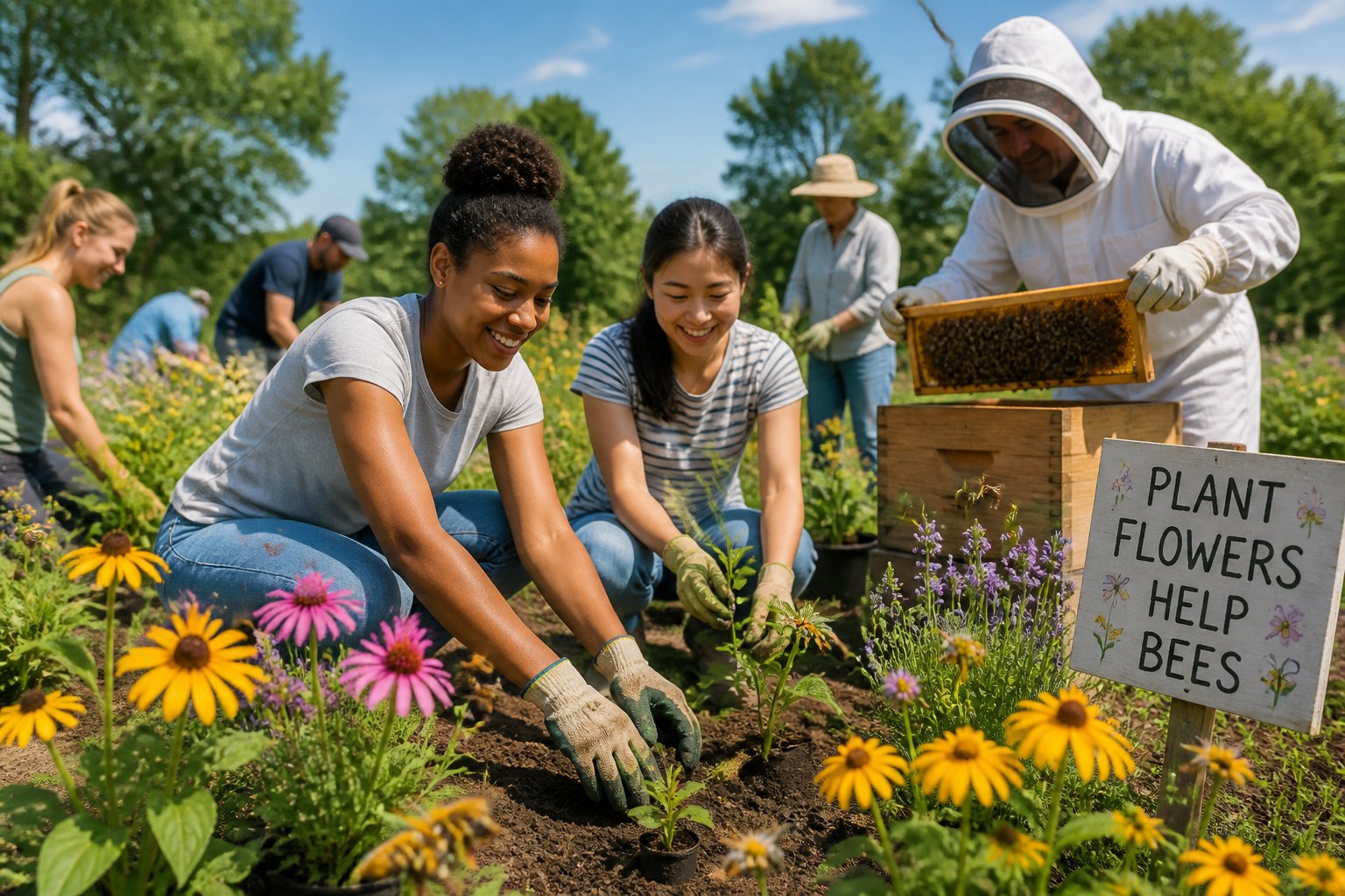 People planting flowers and a beekeeper tending a beehive in a garden with bees pollinating nearby.