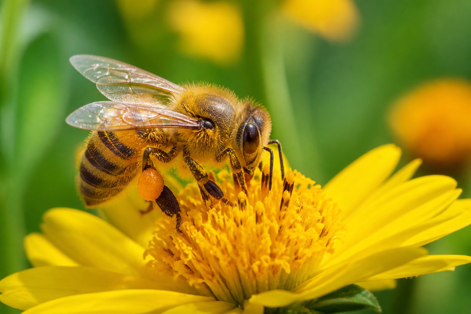 Close-up of a honeybee on a yellow flower collecting nectar with green foliage in the background.